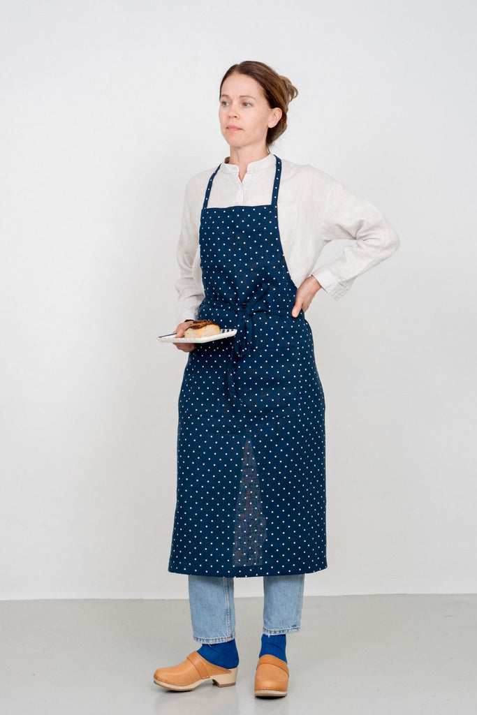 Linen Full Apron | Navy Dot