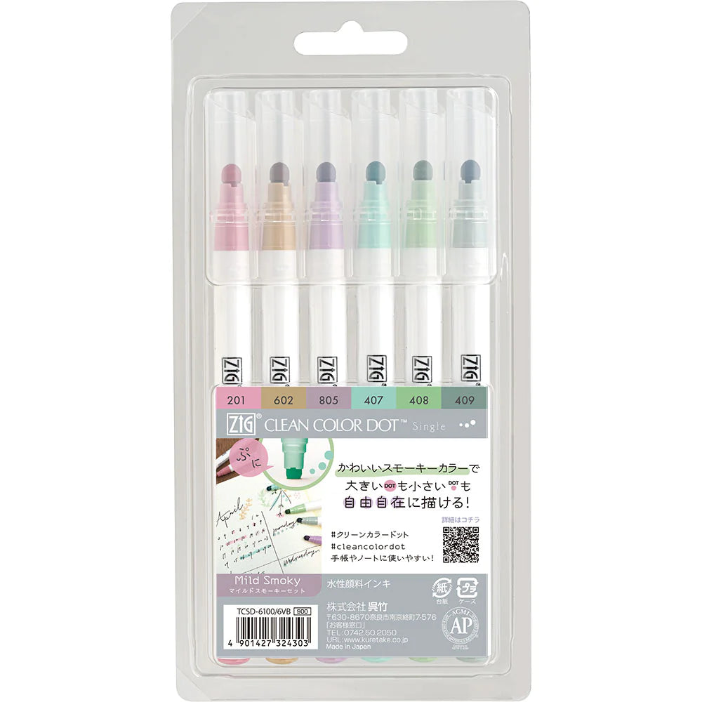 Kuretake ZIG Dot Markers | 6 Color Set | Mild Smoky