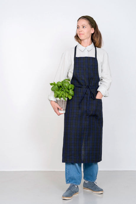 Linen Full Apron | Navy and Green Plaid (Stanly)