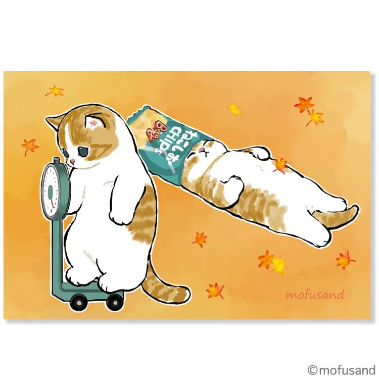 Mofusand cat laying on floor with chip bag on head juxtaposed with the cat on a scales.  how bout another bag of chips?