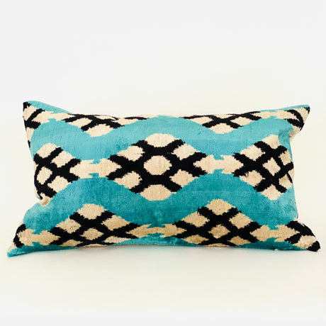 Geometric Velvet Lumbar Pillow | Turquoise & Black | 24x14"
